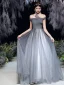 Fashion Grey Prom Dresses 2020 A-Line / Princess Off-The-Shoulder Short Sleeve Beading Sequins Glitter Tulle Sweep Train Ruffle Backless Formal Dresses