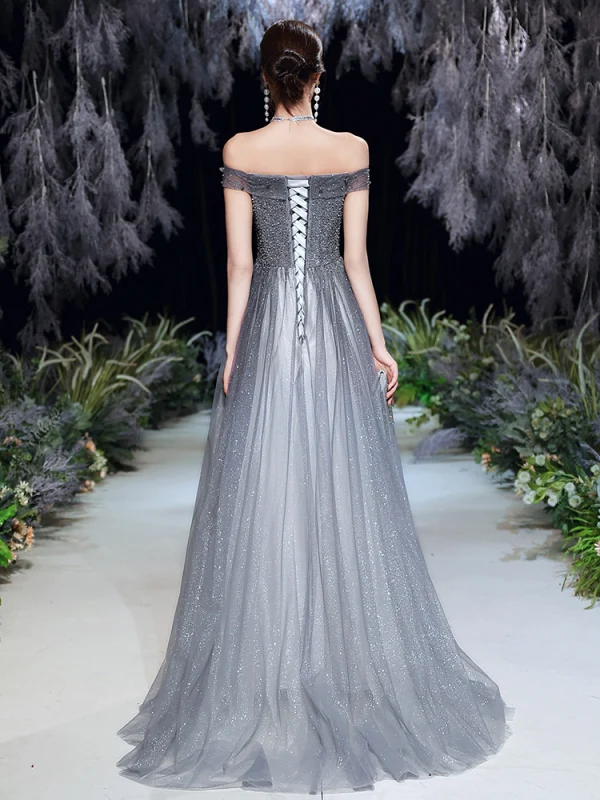 Fashion Grey Prom Dresses 2020 A-Line / Princess Off-The-Shoulder Short Sleeve Beading Sequins Glitter Tulle Sweep Train Ruffle Backless Formal Dresses
