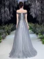 Fashion Grey Prom Dresses 2020 A-Line / Princess Off-The-Shoulder Short Sleeve Beading Sequins Glitter Tulle Sweep Train Ruffle Backless Formal Dresses