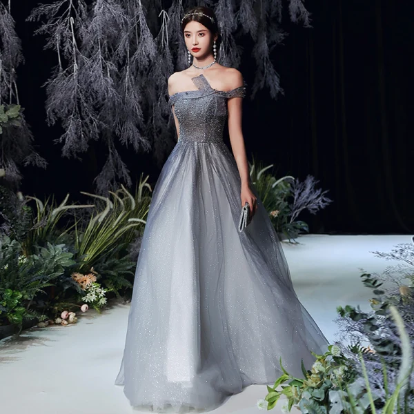 Fashion Grey Prom Dresses 2020 A-Line / Princess Off-The-Shoulder Short Sleeve Beading Sequins Glitter Tulle Sweep Train Ruffle Backless Formal Dresses