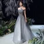 Fashion Grey Prom Dresses 2020 A-Line / Princess Off-The-Shoulder Short Sleeve Beading Sequins Glitter Tulle Sweep Train Ruffle Backless Formal Dresses
