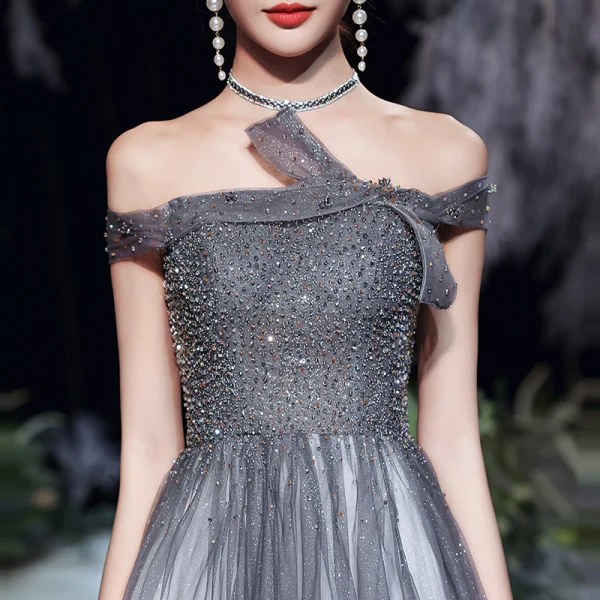 Fashion Grey Prom Dresses 2020 A-Line / Princess Off-The-Shoulder Short Sleeve Beading Sequins Glitter Tulle Sweep Train Ruffle Backless Formal Dresses