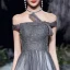 Fashion Grey Prom Dresses 2020 A-Line / Princess Off-The-Shoulder Short Sleeve Beading Sequins Glitter Tulle Sweep Train Ruffle Backless Formal Dresses