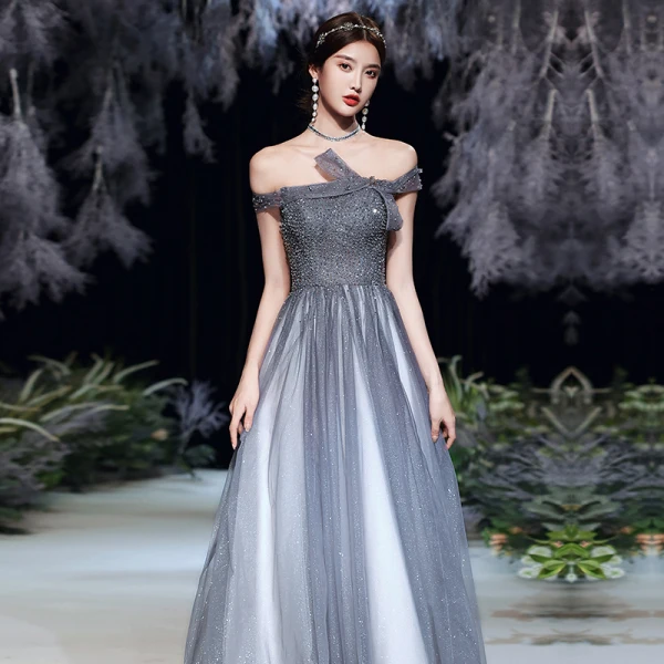 Fashion Grey Prom Dresses 2020 A-Line / Princess Off-The-Shoulder Short Sleeve Beading Sequins Glitter Tulle Sweep Train Ruffle Backless Formal Dresses