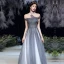 Fashion Grey Prom Dresses 2020 A-Line / Princess Off-The-Shoulder Short Sleeve Beading Sequins Glitter Tulle Sweep Train Ruffle Backless Formal Dresses