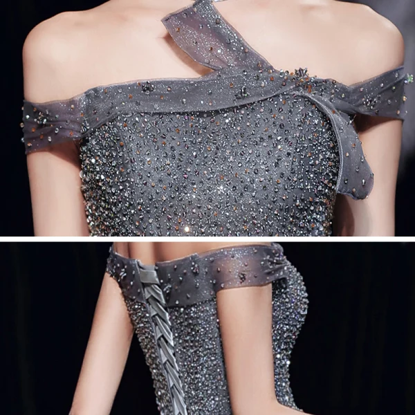 Fashion Grey Prom Dresses 2020 A-Line / Princess Off-The-Shoulder Short Sleeve Beading Sequins Glitter Tulle Sweep Train Ruffle Backless Formal Dresses