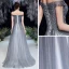 Fashion Grey Prom Dresses 2020 A-Line / Princess Off-The-Shoulder Short Sleeve Beading Sequins Glitter Tulle Sweep Train Ruffle Backless Formal Dresses