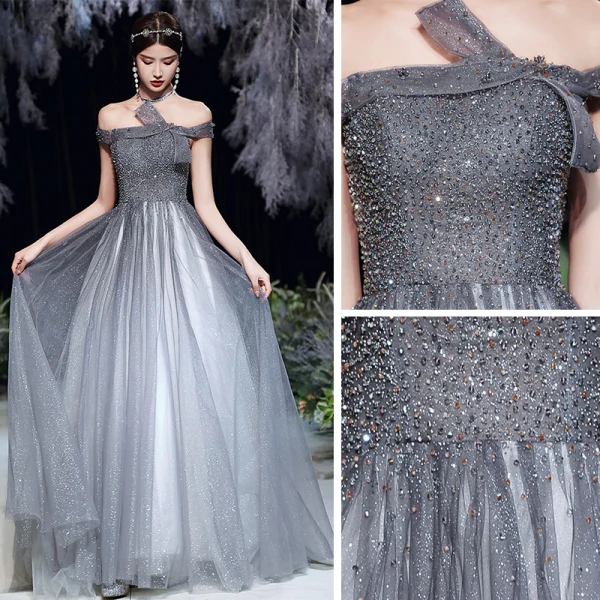 Fashion Grey Prom Dresses 2020 A-Line / Princess Off-The-Shoulder Short Sleeve Beading Sequins Glitter Tulle Sweep Train Ruffle Backless Formal Dresses