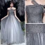 Fashion Grey Prom Dresses 2020 A-Line / Princess Off-The-Shoulder Short Sleeve Beading Sequins Glitter Tulle Sweep Train Ruffle Backless Formal Dresses