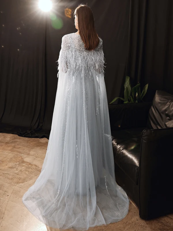 High-end Grey See-through Red Carpet Evening Dresses With Shawl 2020 A-Line / Princess Scoop Neck Sleeveless Feather Beading Sequins Sweep Train
