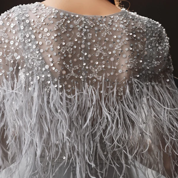 Haut de Gamme Gris Transparentes Tapis rouge Robe De Soirée Avec Châle 2020 Princesse Encolure Dégagée Sans Manches Plumes Perlage Paillettes Train De Balayage Volants Robe De Ceremonie