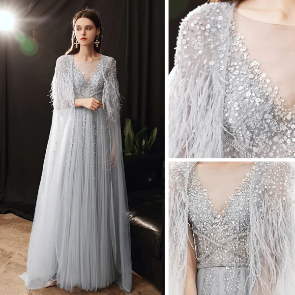 Haut de Gamme Gris Transparentes Tapis rouge Robe De Soirée Avec Châle 2020 Princesse Encolure Dégagée Sans Manches Plumes Perlage Paillettes Train De Balayage Volants Robe De Ceremonie