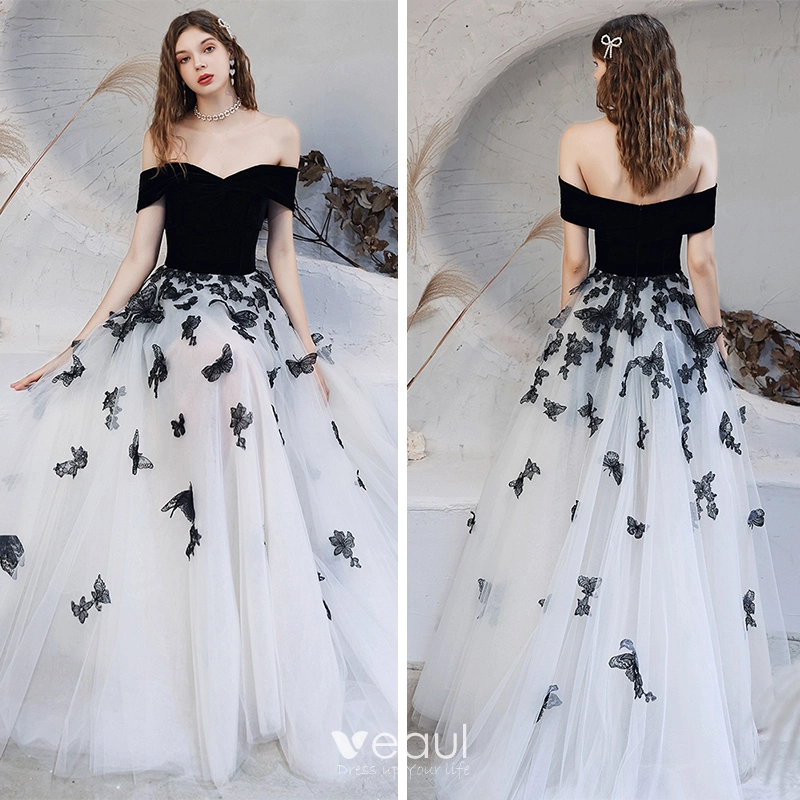 black fairy prom dress Black Floral Fairy Prom Dress 2023 Spaghetti Straps Long Evening Dress with Horsehair Hem 14 / Light Grey