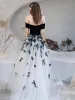 Flower Fairy Black White Dancing Prom Dresses 2020 A-Line / Princess Off-The-Shoulder Short Sleeve Butterfly Appliques Lace Floor-Length / Long Ruffle Backless Formal Dresses
