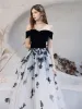 Flower Fairy Black White Dancing Prom Dresses 2020 A-Line / Princess Off-The-Shoulder Short Sleeve Butterfly Appliques Lace Floor-Length / Long Ruffle Backless Formal Dresses