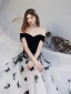 Flower Fairy Black White Dancing Prom Dresses 2020 A-Line / Princess Off-The-Shoulder Short Sleeve Butterfly Appliques Lace Floor-Length / Long Ruffle Backless Formal Dresses