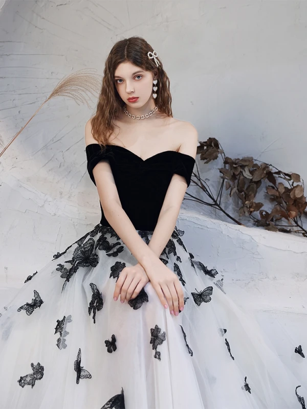 strapless open back dress Black and White Long Prom Dress main image 0