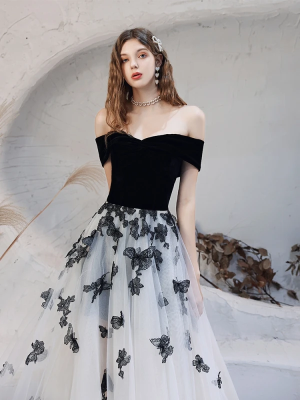 Flower Fairy Black White Dancing Prom Dresses 2020 A-Line / Princess Off-The-Shoulder Short Sleeve Butterfly Appliques Lace Floor-Length / Long Ruffle Backless Formal Dresses