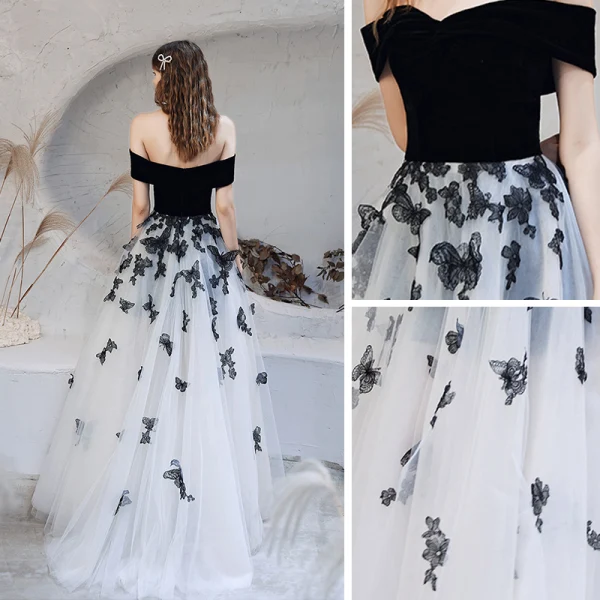 Flower Fairy Black White Dancing Prom Dresses 2020 A-Line / Princess Off-The-Shoulder Short Sleeve Butterfly Appliques Lace Floor-Length / Long Ruffle Backless Formal Dresses
