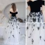 Flower Fairy Black White Dancing Prom Dresses 2020 A-Line / Princess Off-The-Shoulder Short Sleeve Butterfly Appliques Lace Floor-Length / Long Ruffle Backless Formal Dresses