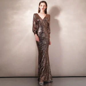 Scintillantes Doré Paillettes Robe De Soirée 2020 Trompette Sirène V Cou Gonflée 3 4 Manches Longue Robe De Ceremonie