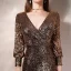 Sparkly Gold Sequins Evening Dresses  2020 Trumpet / Mermaid V-Neck Puffy 3/4 Sleeve Floor-Length / Long Formal Dresses