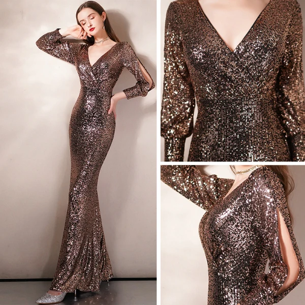 Sparkly Gold Sequins Evening Dresses  2020 Trumpet / Mermaid V-Neck Puffy 3/4 Sleeve Floor-Length / Long Formal Dresses