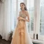 High End Champagner Ballkleider 2020 A Linie Spaghettiträger Ärmellos Perlenstickerei Glanz Tülle Sweep / Pinsel Zug Rüschen Rückenfreies Festliche Kleider
