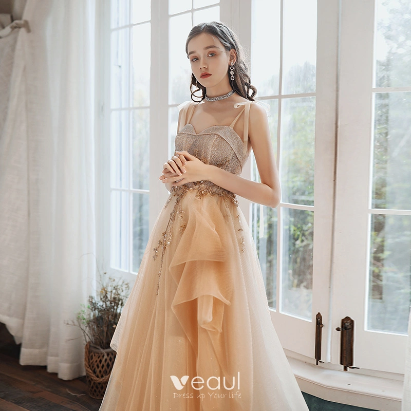 glitter champagne prom dress Berylove Women Glitter Champagne Prom Dress with Slit Cut Out A Line Corset Strapless Formal Dress, Champagne / US10 main image 0