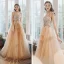 High End Champagner Ballkleider 2020 A Linie Spaghettiträger Ärmellos Perlenstickerei Glanz Tülle Sweep / Pinsel Zug Rüschen Rückenfreies Festliche Kleider