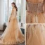High End Champagner Ballkleider 2020 A Linie Spaghettiträger Ärmellos Perlenstickerei Glanz Tülle Sweep / Pinsel Zug Rüschen Rückenfreies Festliche Kleider