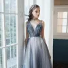 High-end Navy Blue Gradient-Color Prom Dresses 2020 A-Line / Princess Deep V-Neck Sleeveless Beading Glitter Tulle Sweep Train Ruffle Backless Formal Dresses