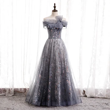 Chic Beautiful Navy Blue Dancing Prom Dresses 2020 A Line Princess Off The Shoulder Short Sleeve Beading Rhinestone Appliques Glitter Tulle Floor Length Long Ruffle Backless Formal Dresses