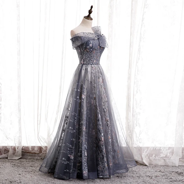Chic / Belle Bleu Marine Dansant Robe De Bal 2020 Princesse De l'épaule Manches Courtes Perlage Faux Diamant Appliques Glitter Tulle Longue Volants Dos Nu Robe De Ceremonie