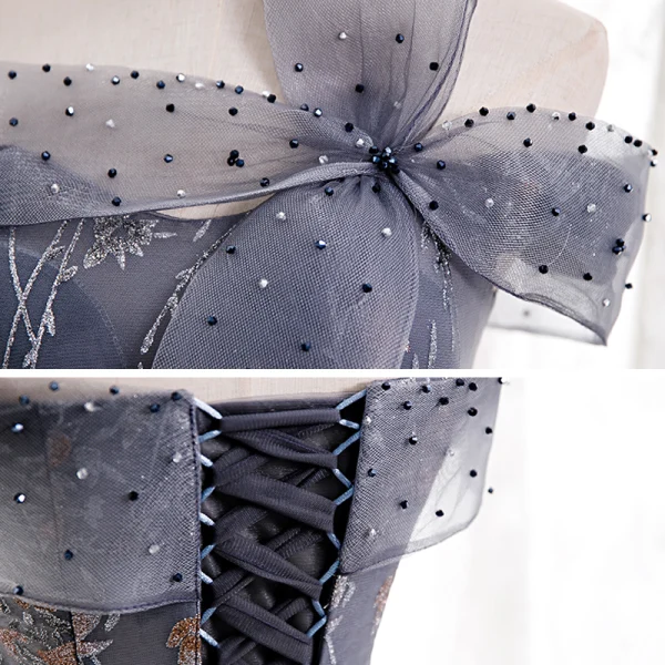 Chic / Belle Bleu Marine Dansant Robe De Bal 2020 Princesse De l'épaule Manches Courtes Perlage Faux Diamant Appliques Glitter Tulle Longue Volants Dos Nu Robe De Ceremonie