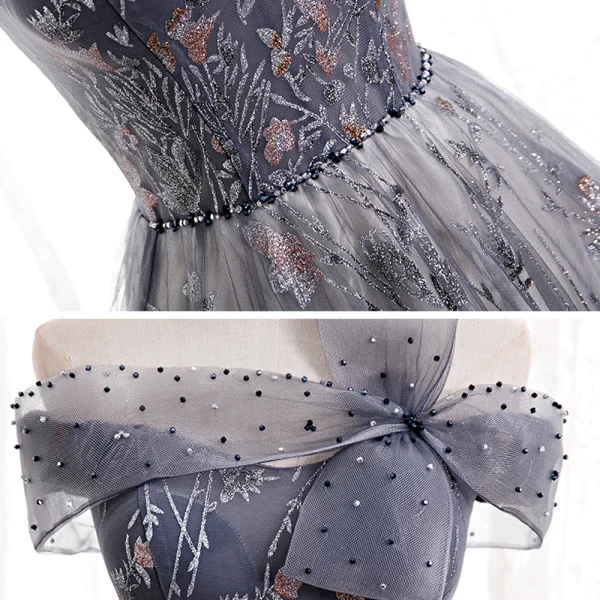 Chic / Belle Bleu Marine Dansant Robe De Bal 2020 Princesse De l'épaule Manches Courtes Perlage Faux Diamant Appliques Glitter Tulle Longue Volants Dos Nu Robe De Ceremonie