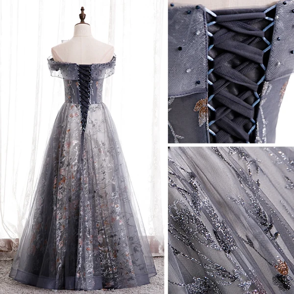 Chic / Belle Bleu Marine Dansant Robe De Bal 2020 Princesse De l'épaule Manches Courtes Perlage Faux Diamant Appliques Glitter Tulle Longue Volants Dos Nu Robe De Ceremonie