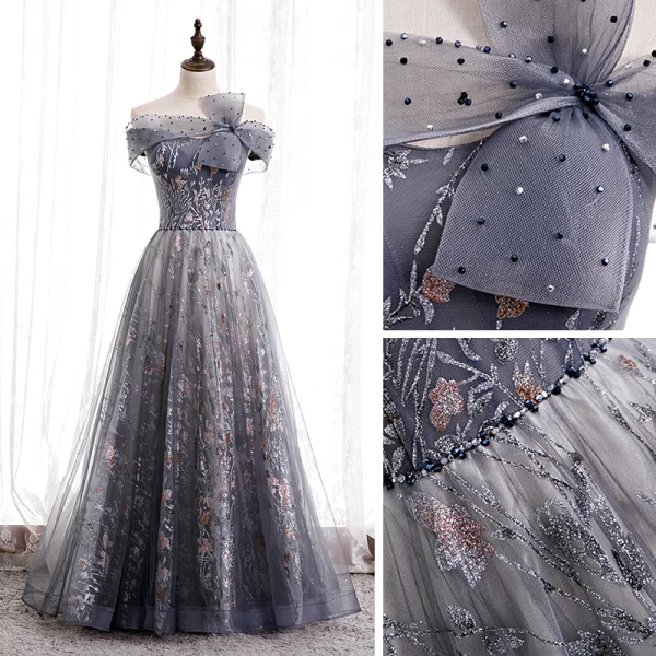 Chic / Belle Bleu Marine Dansant Robe De Bal 2020 Princesse De l'épaule Manches Courtes Perlage Faux Diamant Appliques Glitter Tulle Longue Volants Dos Nu Robe De Ceremonie