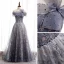 Chic / Belle Bleu Marine Dansant Robe De Bal 2020 Princesse De l'épaule Manches Courtes Perlage Faux Diamant Appliques Glitter Tulle Longue Volants Dos Nu Robe De Ceremonie