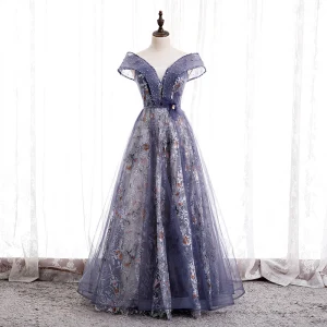 Fancy Purple Dancing Ballkjoler 2020 Prinsesse Av Skulderen Korte Ermer Sash Beading Glitter Blomst Tyll Lange Buste Ryggløse Formelle Kjoler