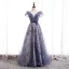 Fancy Purple Dancing Prom Dresses 2020 A-Line / Princess Off-The-Shoulder Short Sleeve Sash Beading Glitter Flower Tulle Floor-Length / Long Ruffle Backless Formal Dresses