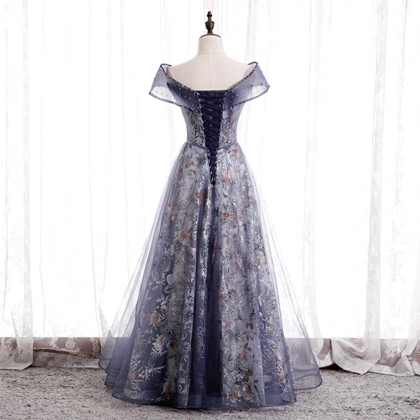 Fancy Purple Dancing Prom Dresses 2020 A-Line / Princess Off-The-Shoulder Short Sleeve Sash Beading Glitter Flower Tulle Floor-Length / Long Ruffle Backless Formal Dresses