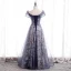 Fancy Purple Dancing Prom Dresses 2020 A-Line / Princess Off-The-Shoulder Short Sleeve Sash Beading Glitter Flower Tulle Floor-Length / Long Ruffle Backless Formal Dresses
