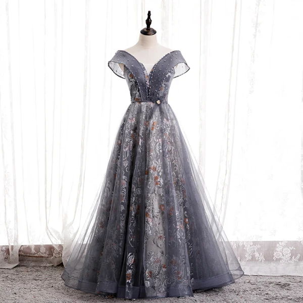 Fancy Purple Dancing Prom Dresses 2020 A-Line / Princess Off-The-Shoulder Short Sleeve Sash Beading Glitter Flower Tulle Floor-Length / Long Ruffle Backless Formal Dresses