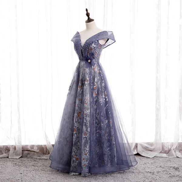 Fancy Purple Dancing Prom Dresses 2020 A-Line / Princess Off-The-Shoulder Short Sleeve Sash Beading Glitter Flower Tulle Floor-Length / Long Ruffle Backless Formal Dresses