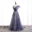 Fancy Purple Dancing Prom Dresses 2020 A-Line / Princess Off-The-Shoulder Short Sleeve Sash Beading Glitter Flower Tulle Floor-Length / Long Ruffle Backless Formal Dresses