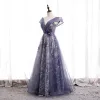 Fantaisie Violet Dansant Robe De Bal 2020 Princesse De l'épaule Manches Courtes Ceinture Perlage Glitter Fleur Tulle Longue Volants Dos Nu Robe De Ceremonie
