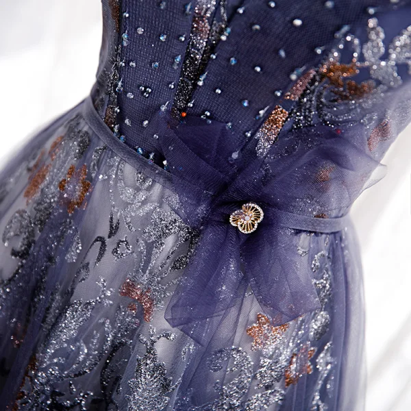 Fancy Purple Dancing Prom Dresses 2020 A-Line / Princess Off-The-Shoulder Short Sleeve Sash Beading Glitter Flower Tulle Floor-Length / Long Ruffle Backless Formal Dresses