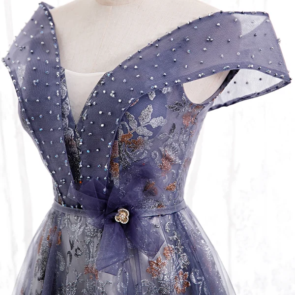 Fancy Purple Dancing Prom Dresses 2020 A-Line / Princess Off-The-Shoulder Short Sleeve Sash Beading Glitter Flower Tulle Floor-Length / Long Ruffle Backless Formal Dresses