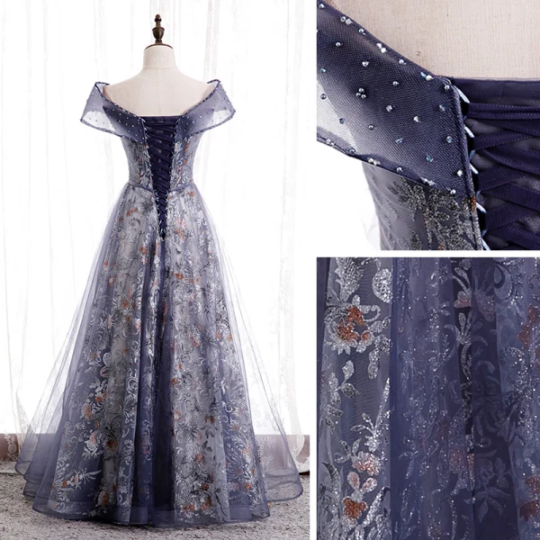 Fancy Purple Dancing Prom Dresses 2020 A-Line / Princess Off-The-Shoulder Short Sleeve Sash Beading Glitter Flower Tulle Floor-Length / Long Ruffle Backless Formal Dresses
